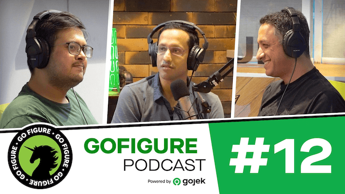 GoFigure Podcast episode 12 cover: Nadiem, Abhinit, and Sudhanshu wearing headphones